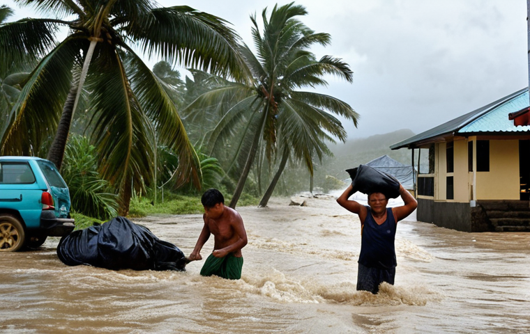 **
A dramatic photo of a Palauan coastal village during a typhoon. Torrential rain is pouring down, palm trees are bent almost double by the wind, and some houses are partially flooded. People are shown helping each other move belongings to higher ground. The overall tone is one of resilience in the face of a powerful storm.
**