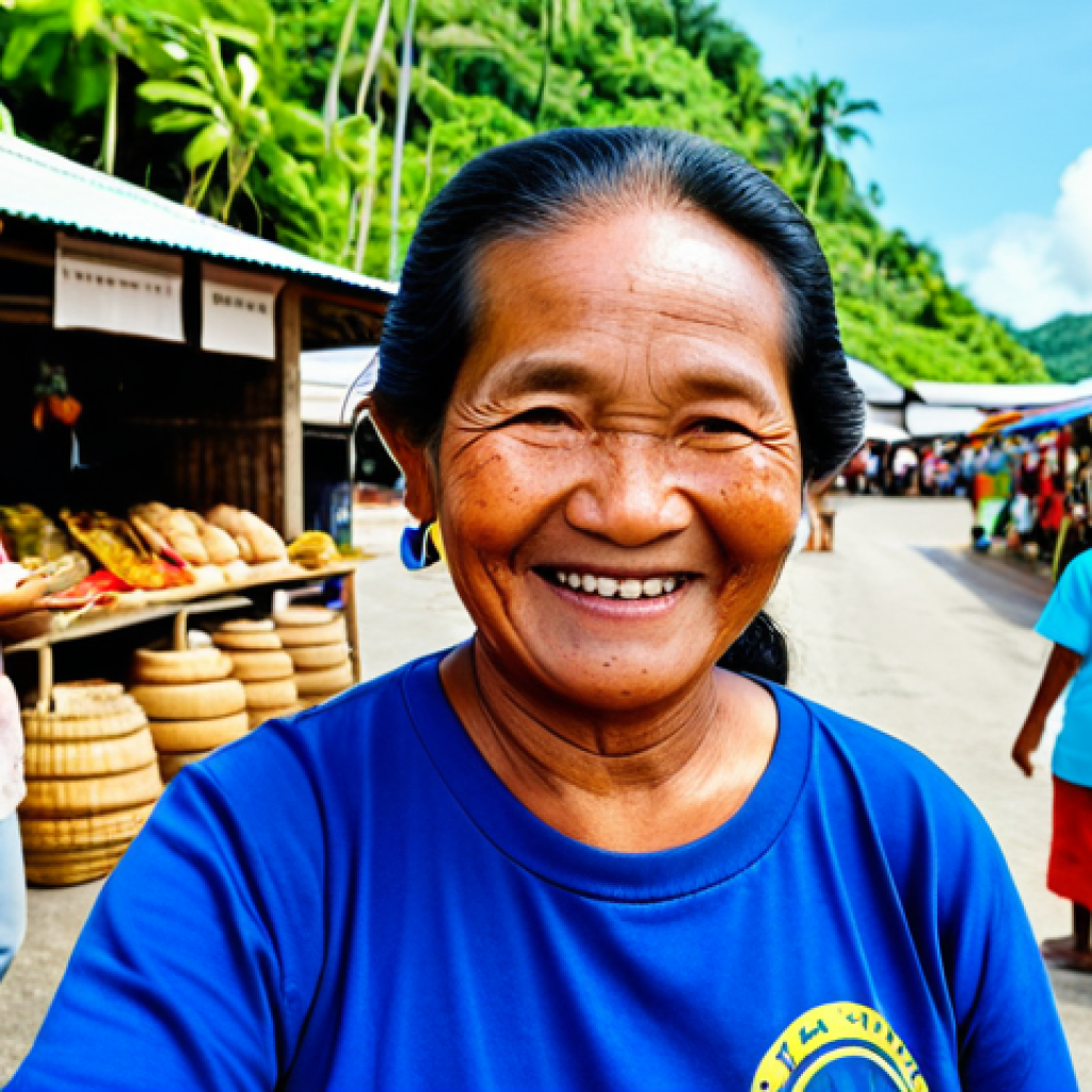 Community Bonds and Responsible Tourism in Palau**
A friendly Palauan elder, wearing modest, traditional island attire, is gently smiling and gesturing towards artisanal handicrafts at a vibrant, outdoor village market. She is interacting warmly with a respectfully dressed tourist, fully clothed in appropriate, family-friendly casual wear, holding a reusable water bottle. The background features other locals and colorful market stalls under clear blue skies, reflecting a strong sense of community and support, with hints of the lush Palauan landscape. safe for work, appropriate content, fully clothed, professional, perfect anatomy, natural proportions, well-formed hands, high quality, professional photography.

**
