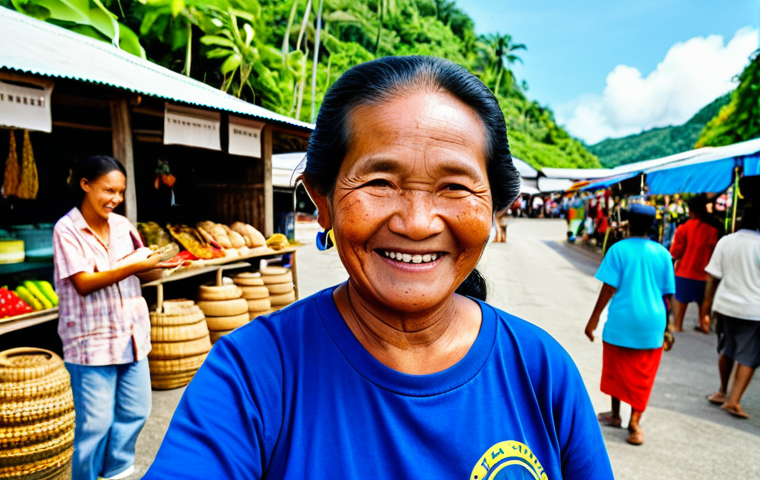Community Bonds and Responsible Tourism in Palau**
A friendly Palauan elder, wearing modest, traditional island attire, is gently smiling and gesturing towards artisanal handicrafts at a vibrant, outdoor village market. She is interacting warmly with a respectfully dressed tourist, fully clothed in appropriate, family-friendly casual wear, holding a reusable water bottle. The background features other locals and colorful market stalls under clear blue skies, reflecting a strong sense of community and support, with hints of the lush Palauan landscape. safe for work, appropriate content, fully clothed, professional, perfect anatomy, natural proportions, well-formed hands, high quality, professional photography.
**