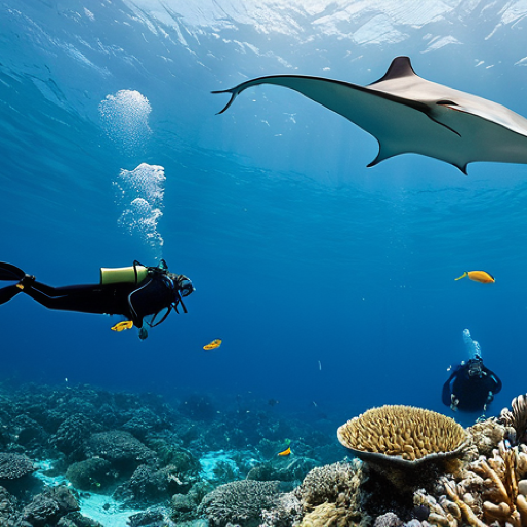 A professional diver in full, modest dive gear (wetsuit, mask, fins, BCD, tank), naturally positioned underwater, observing a vibrant coral reef in Palau. Schools of colorful fish swim among diverse soft and hard corals. Crystal clear turquoise water with excellent visibility. Distant silhouette of a graceful manta ray in the background. The scene emphasizes the untouched marine ecosystem with a focus on conservation. Perfect anatomy, correct proportions, well-formed hands, proper finger count, natural body proportions, professional photography, high detail, high quality, safe for work, appropriate content, fully clothed, modest, family-friendly.