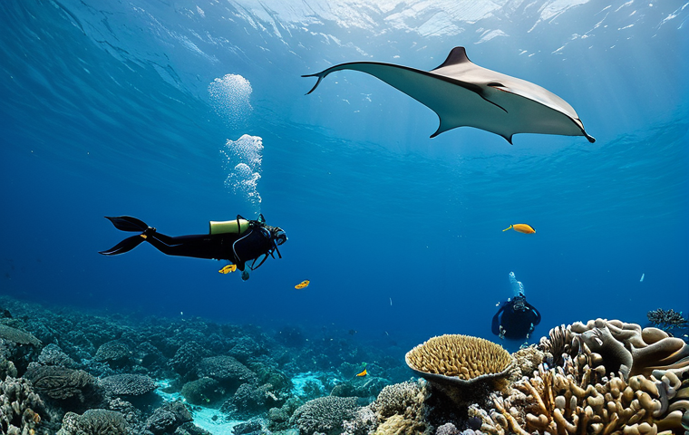 A professional diver in full, modest dive gear (wetsuit, mask, fins, BCD, tank), naturally positioned underwater, observing a vibrant coral reef in Palau. Schools of colorful fish swim among diverse soft and hard corals. Crystal clear turquoise water with excellent visibility. Distant silhouette of a graceful manta ray in the background. The scene emphasizes the untouched marine ecosystem with a focus on conservation. Perfect anatomy, correct proportions, well-formed hands, proper finger count, natural body proportions, professional photography, high detail, high quality, safe for work, appropriate content, fully clothed, modest, family-friendly.