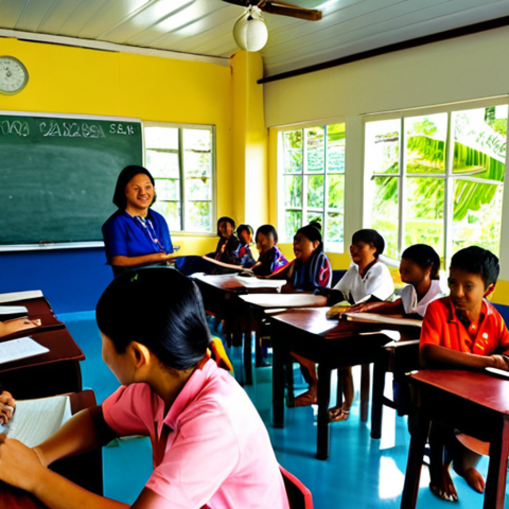 팔라우에서 국제 학교 유무 - **Prompt:** A vibrant, sun-drenched classroom inside a private school in Palau. Diverse elementary s...