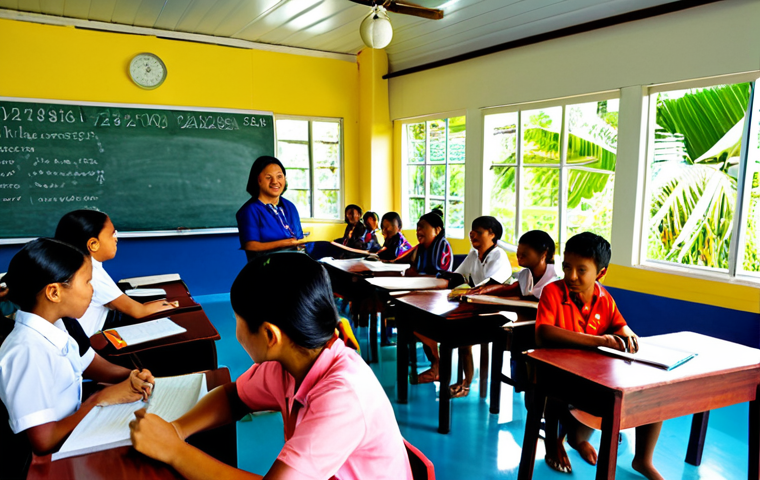 팔라우에서 국제 학교 유무 - **Prompt:** A vibrant, sun-drenched classroom inside a private school in Palau. Diverse elementary s...