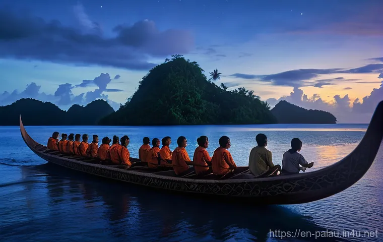 팔라우 원주민 문화 - **Traditional Palauan Navigators Reading the Stars**
A group of Palauan men, dressed in traditio...