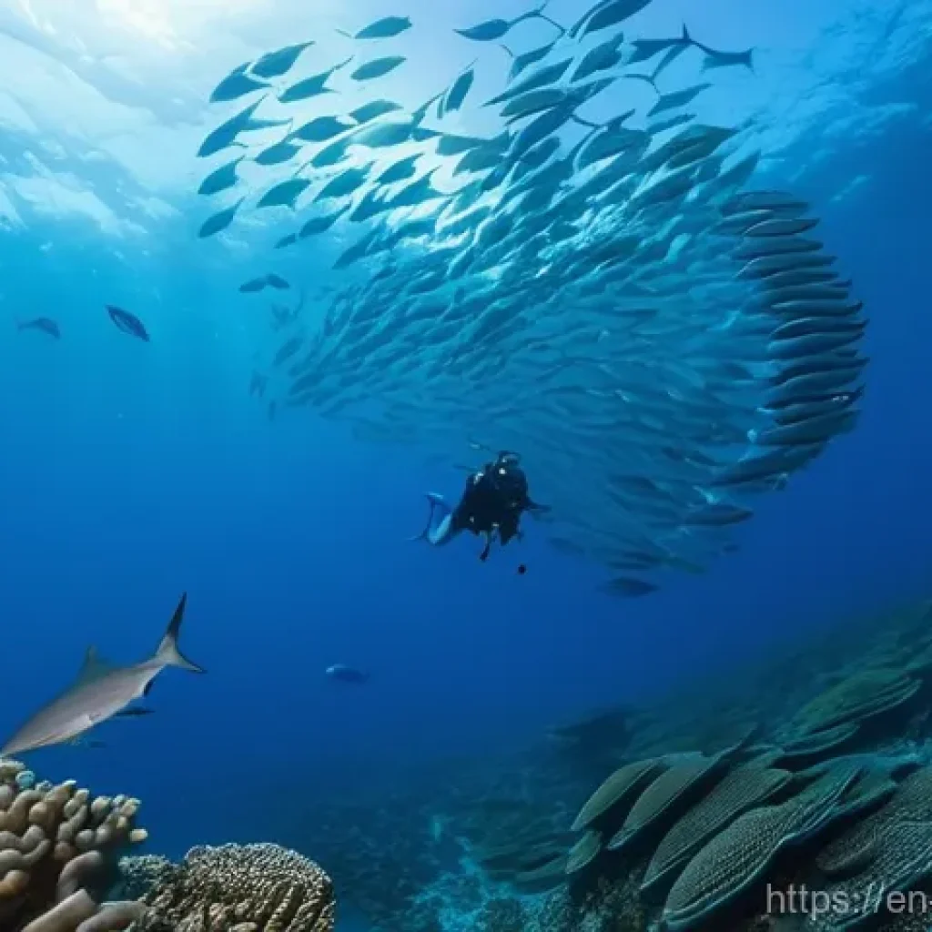 팔라우에서 가장 유명한 다이빙 센터 - **Prompt 1: Blue Corner Spectacle in Palau**
"An underwater photograph capturing the intense act...