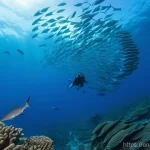 팔라우에서 가장 유명한 다이빙 센터 - **Prompt 1: Blue Corner Spectacle in Palau**
"An underwater photograph capturing the intense act...