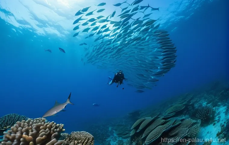 팔라우에서 가장 유명한 다이빙 센터 - **Prompt 1: Blue Corner Spectacle in Palau**
"An underwater photograph capturing the intense act...