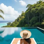 팔라우의 가장 인기 있는 리조트 비교 - A serene and luxurious scene featuring a woman in a elegant, modest one-piece swimsuit relaxing by a...