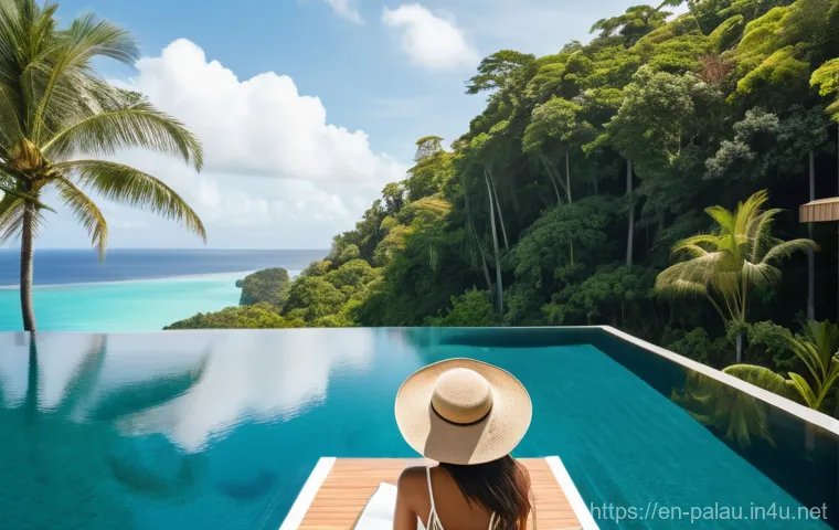 팔라우의 가장 인기 있는 리조트 비교 - A serene and luxurious scene featuring a woman in a elegant, modest one-piece swimsuit relaxing by a...