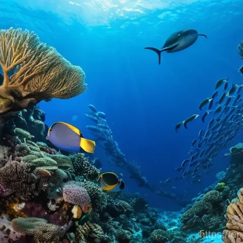 팔라우에서 만날 수 있는 돌고래와 고래 - **Vibrant Coral Gardens and Respectful Divers:** A breathtaking underwater wide shot of a flourishin...