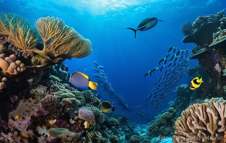 팔라우에서 만날 수 있는 돌고래와 고래 - **Vibrant Coral Gardens and Respectful Divers:** A breathtaking underwater wide shot of a flourishin...