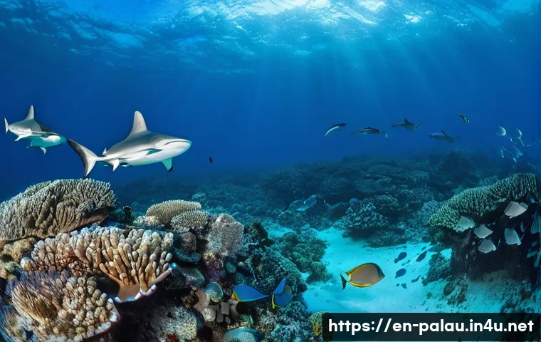 팔라우에서 만날 수 있는 바다 생물 - **A majestic underwater ballet:** Imagine a wide-angle shot of a pristine, sunlit coral reef in Pala...