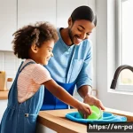 팔라우 벌레 및 질병 예방 - A detailed educational illustration showing a family practicing good hygiene at home to prevent para...