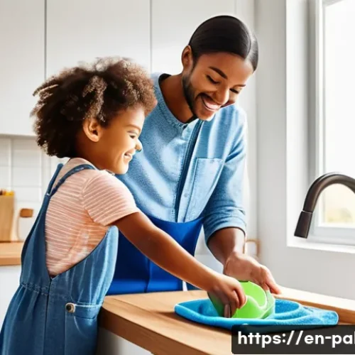 팔라우 벌레 및 질병 예방 - A detailed educational illustration showing a family practicing good hygiene at home to prevent para...