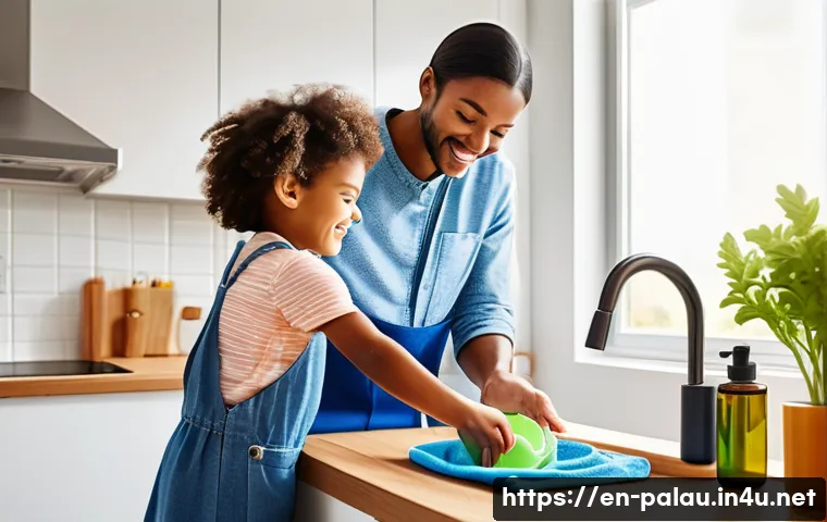 팔라우 벌레 및 질병 예방 - A detailed educational illustration showing a family practicing good hygiene at home to prevent para...