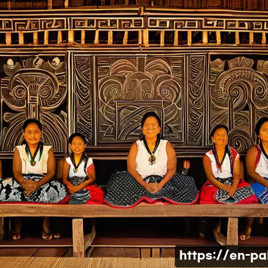 팔라우와 미크로네시아 문화 비교 - A detailed scene of a traditional Palauan matrilineal clan gathering, featuring women in elegant tra...