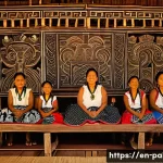 팔라우와 미크로네시아 문화 비교 - A detailed scene of a traditional Palauan matrilineal clan gathering, featuring women in elegant tra...