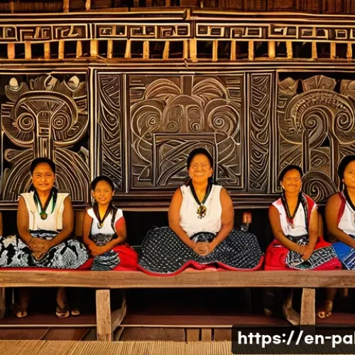 팔라우와 미크로네시아 문화 비교 - A detailed scene of a traditional Palauan matrilineal clan gathering, featuring women in elegant tra...