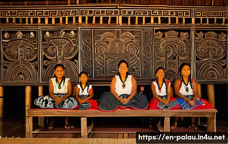 팔라우와 미크로네시아 문화 비교 - A detailed scene of a traditional Palauan matrilineal clan gathering, featuring women in elegant tra...