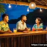 팔라우의 나이트라이프 및 바 문화 - A cozy, intimate island bar scene at night in Palau, featuring small wooden tables and local patrons...