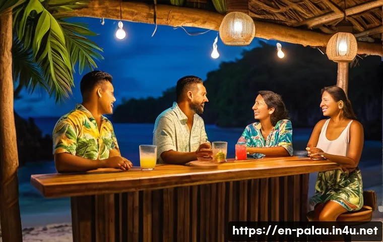 팔라우의 나이트라이프 및 바 문화 - A cozy, intimate island bar scene at night in Palau, featuring small wooden tables and local patrons...