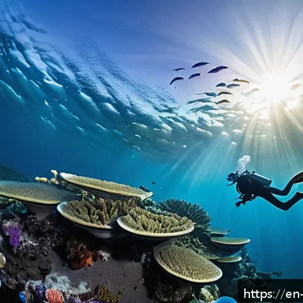 팔라우의 해양 스포츠 전문가 인터뷰 - A dynamic underwater scene at Blue Corner, Palau, featuring an experienced scuba diver wearing full ...