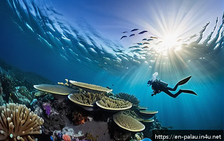 팔라우의 해양 스포츠 전문가 인터뷰 - A dynamic underwater scene at Blue Corner, Palau, featuring an experienced scuba diver wearing full ...