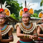 팔라우 전통 춤과 음악 - A vibrant Palauan traditional dance scene in a lush island village setting, featuring a group of dan...