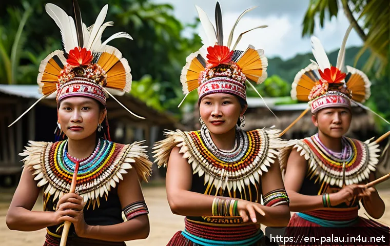 팔라우 전통 춤과 음악 - A vibrant Palauan traditional dance scene in a lush island village setting, featuring a group of dan...