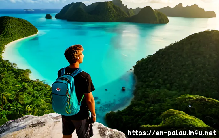 팔라우 배낭여행 가이드 - Photorealistic travel scene in Palau, a solo backpacker in modest tropical hiking clothes standing o...